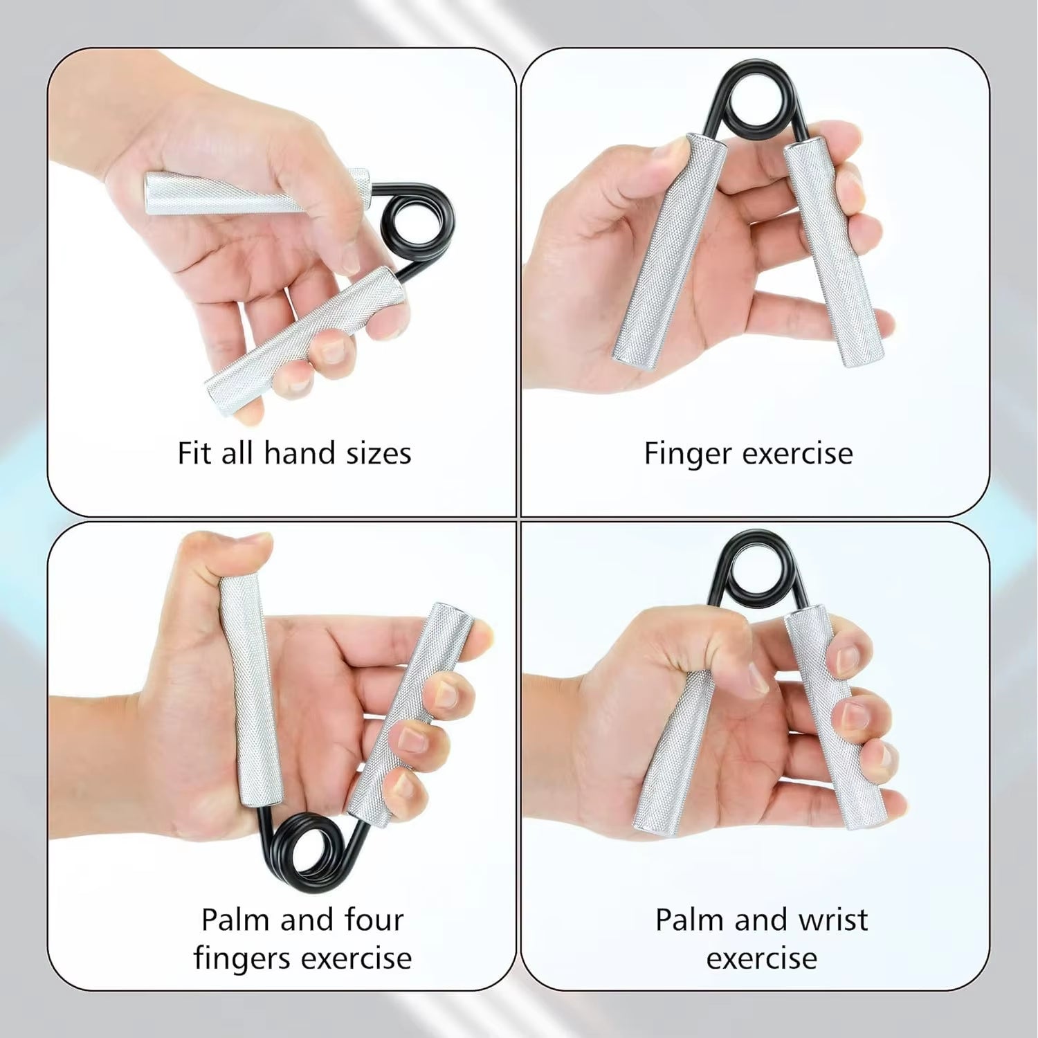 Hand Gripper 50-300lbs - Forearm Strength Trainer demonstrating grip exercises for hand size adaptability.