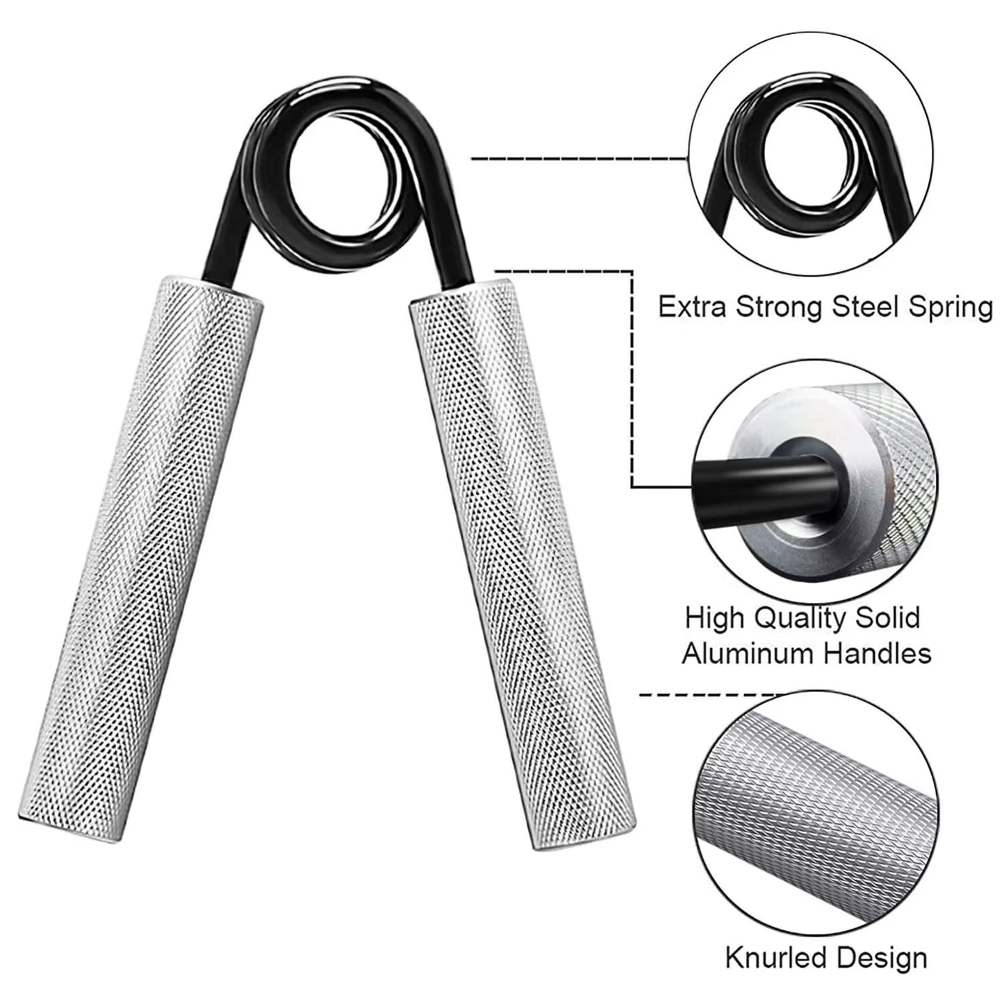 Hand Gripper 50-300lbs - Forearm Strength Trainer features extra strong steel spring and high quality aluminum handles.