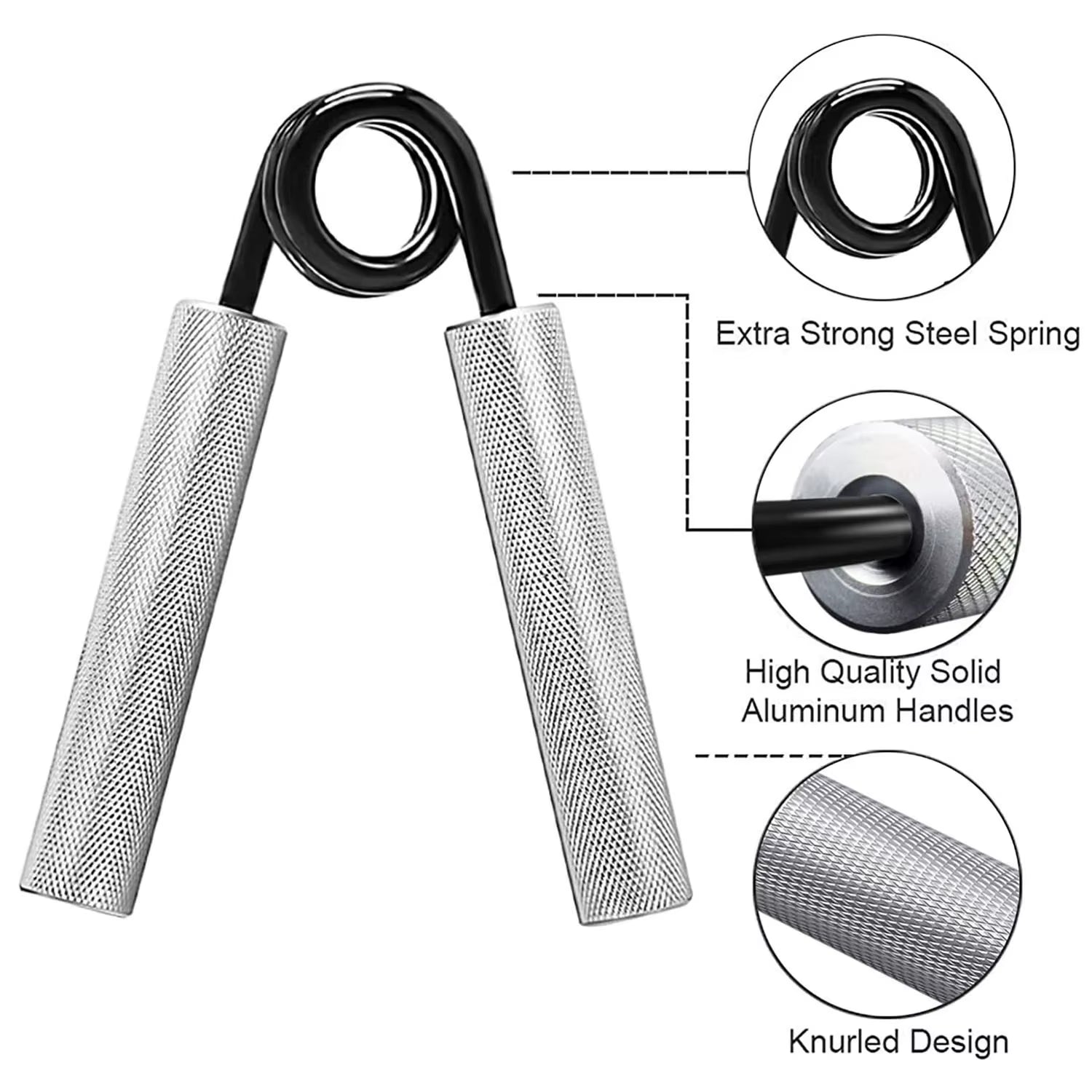 Hand Gripper 50-300lbs - Forearm Strength Trainer features extra strong steel spring and high quality aluminum handles.
